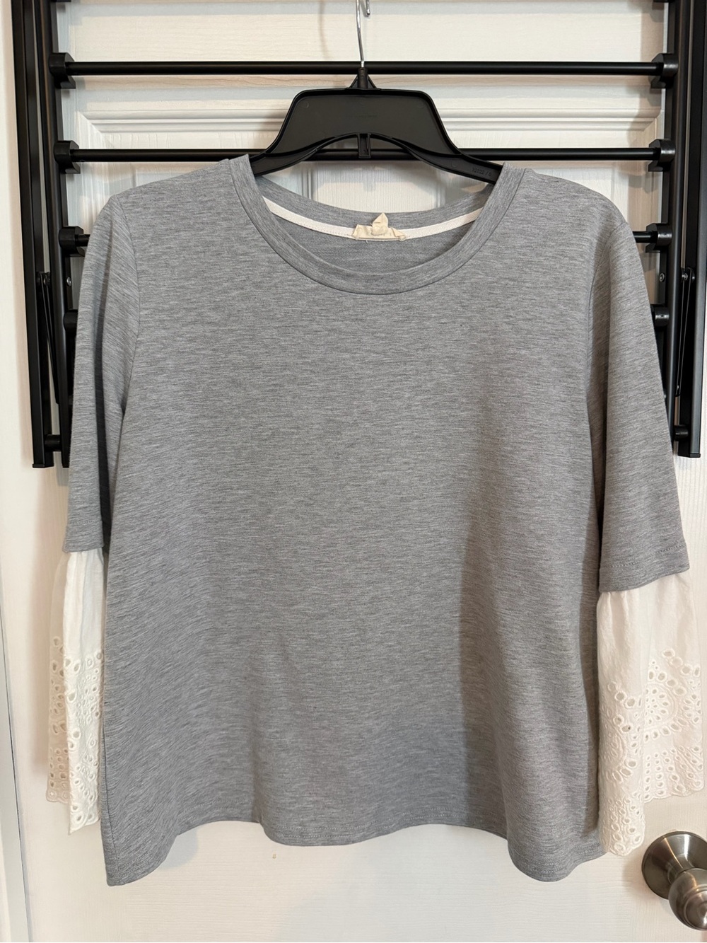 Gilli Gray Knit Top with White Eyelet Layered Sleeves